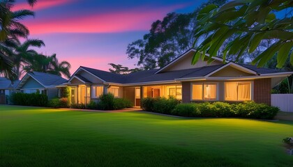 Wall Mural - Serene residential property at dusk surrounded by a vibrant green lawn