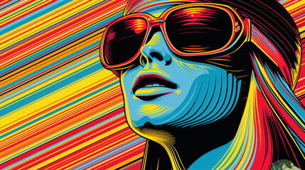 Wall Mural - Bold pop art-style illustration of a person wearing oversized sunglasses, with vivid neon colors and dynamic lines.