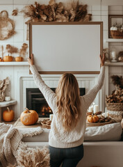 Woman holding a blank frame against a cozy fall living room with candles and pumpkins on the coffee table,  fall home decorations