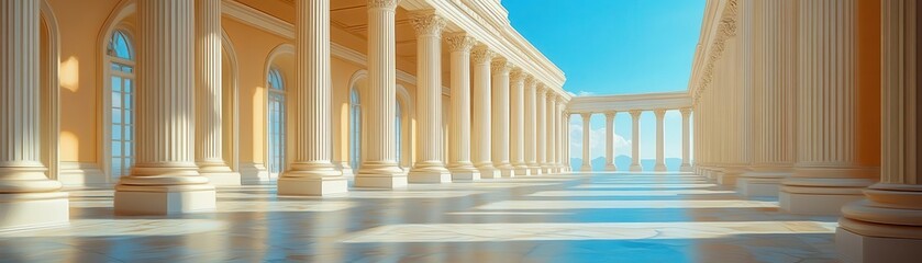 Expansive view of classical architecture featuring tall columns and a serene sky, creating a peaceful atmosphere.