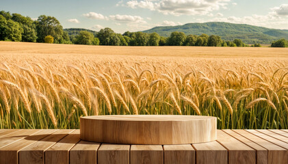 Wall Mural - Empty wooden table with wheat field background, product display montage 