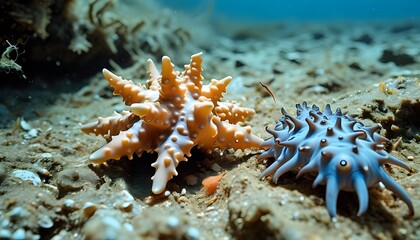 Brittle starfish on muddy seabed surrounded by feeding sea cucumbers in a vibrant underwater ecosystem