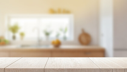 Empty beautiful wood table top counter and blur bokeh modern kitchen interior background in clean and bright,Banner, Ready for product montage