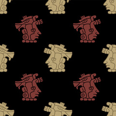 Wall Mural - Seamless ethnic pattern with Native American design of Mayan Indians. Stylized human heads on black background.