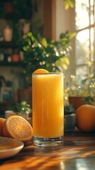 Wall Mural - Glass of fresh orange juice with orange slices on wooden table with sunlight shining through a window.