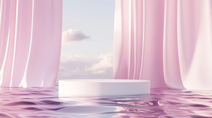 Wall Mural - Minimalist 3D render of a podium on water with waving curtains, a pastel mock-up for product promotion in a modern abstract setting.