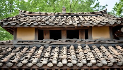 Wall Mural - Charming vintage wooden shingled roof with dormers on a historic building