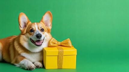 Wall Mural - A dog is laying on a green background with a yellow box in front of it