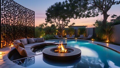 Wall Mural - Serene dusk garden oasis with intricate Corten steel screens, inviting central firepit, stylish lounge area, and sparkling in-ground pool creating a tranquil atmosphere