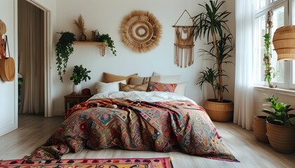 Wall Mural - Vibrant Boho Bedroom Featuring Vintage Accents and Expansive Natural Light