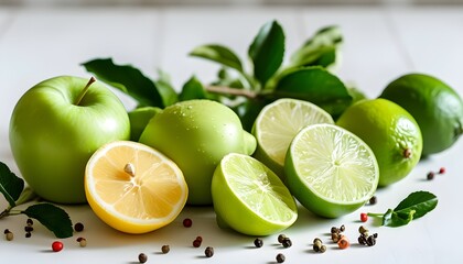 Vibrant display of fresh green apples, zesty lemon, tangy lime, and aromatic spices on a clean white table, inviting creativity in making delicious apple butter