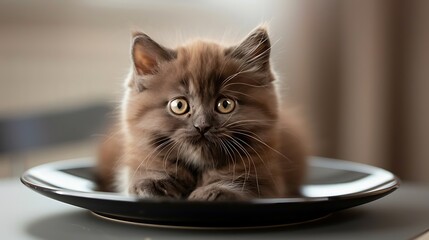 Playful brown kitten resting on a black plate, its eyes wide and fur gently illuminated in the soft light