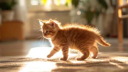 Wall Mural - Playful red kitten exploring a sunlit room, its vibrant fur contrasting with the soft, cozy surroundings