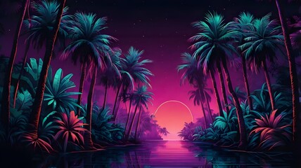 Illustration of a tropical background in neon light in retro style.