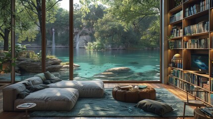 Poster - Modern Cabin with a View of a Tranquil Lake and Waterfall