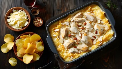 Wall Mural - Creamy Chicken and Almond Casserole Topped with Cheese and Crunchy Potato Chips on Rustic Wooden Table with Fresh Ingredients