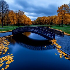 Canvas Print - Autumn Landscape with Bridge and Colorful Leaves