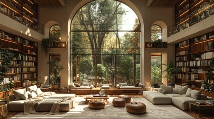 Poster - Spacious Library With A View of a Lush Garden