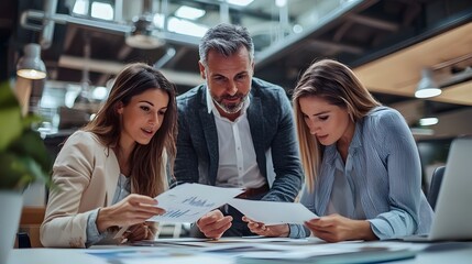 Wall Mural - Business Team Reviewing Marketing Materials in Modern Corporate Office