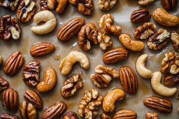 A close up of nuts on a parchment paper