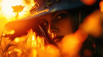 Wall Mural - A mysterious woman in a hat amidst autumn leaves, capturing the enchanting glow of golden sunlight in a magical atmosphere.