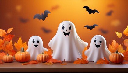 Wall Mural - Cute little ghost with pumpkin on Halloween