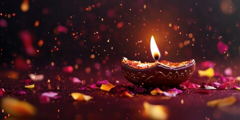 A single diya accompanied by colorful flower petals and a festive gift, with glitters and sparkles in air, on a rich burgundy surface, low level angle, copy space, happy Diwali background, traditional