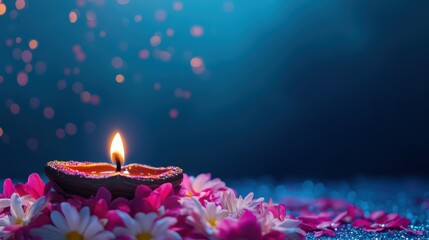 A single diya nestled among bright pink and white flowers, with glitters and sparkles in air, set against a deep blue gradient background, low level angle, copy space, happy Diwali background