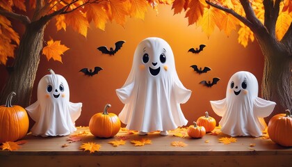 Wall Mural - Cute little ghost with pumpkin on Halloween