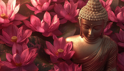 A golden Buddha figure surrounded by pink lotus flowers in the background, with a color palette of pink and red hues