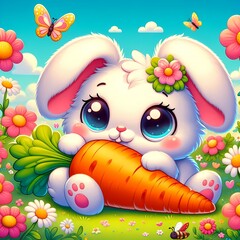 A fluffy kawaii bunny in cute expression, munching a giant carrot in a flowers garden, surrounded by butterfly and bees, cartoon