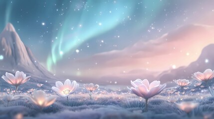 A field of glowing, colorful flowers under a surreal aurora-filled sky, symbolizing the beauty of creative imagination