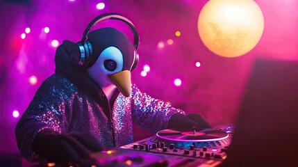 Penguin DJ in headphones and a sequined jacket spinning vinyl records under a disco ball, adding fun and flair to a party scene.