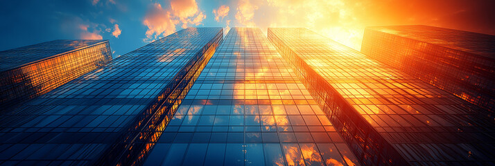 Sticker - Glass skyscrapers reflecting the golden hour sky.