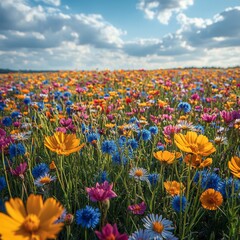 Sticker - A Field of Vibrant Wildflowers Under a Cloudy Sky