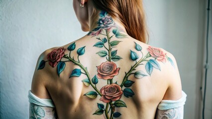 Wall Mural - Studio shot photo of a tattoo on a womans back shaped like a straight long thin rose vine with five tattoo flowers that stretches from the base of her spine to her neck is not wider than her shoulder 