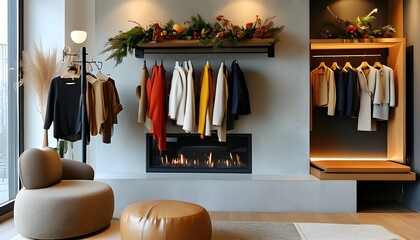 Wall Mural - Chic lounge featuring a modern fireplace and fresh seasonal clothing in a stylish display