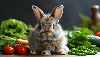 Wall Mural - Fluffy Bunny Enjoying Fresh Vegetables for Optimal Rabbit Nutrition