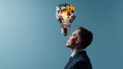 Lightbulb of puzzle pieces businessman thinking in business solution floating above a , innovation, creative digital data analysis technology neon tone