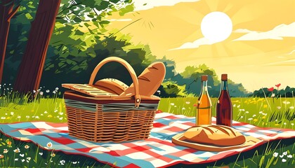 Wall Mural - Bright summer picnic setup with basket, bread, and clear sky in flat vector icon style