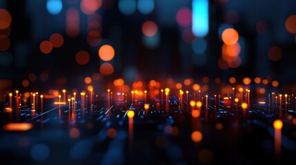 Poster - Abstract close-up of illuminated circuitry with vibrant orange and blue lights, representing technology and innovation.