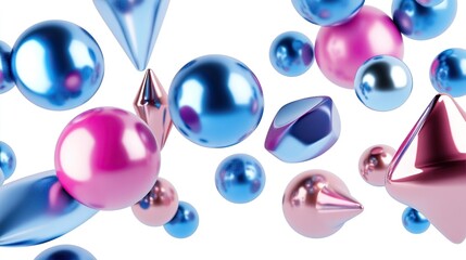 Canvas Print - Realistic 3D rendering of floating shapes in motion, including spheres, torus, and cones in metallic blue and pink colors, isolated on white background.