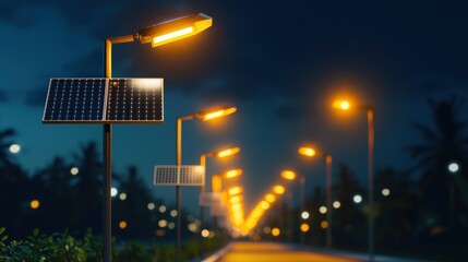 Wall Mural - Solar-powered streetlights illuminating a city street at night