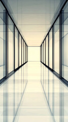 Sticker - A long, bright hallway with glass walls leading to a door.