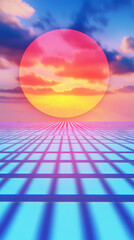 Sticker - A retro sunset with a grid pattern in the foreground.