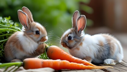 Wall Mural - Nourishing a Cute Rabbit with Fresh Carrots