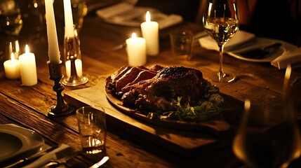 Rustic wooden table with a platter of roast lamb illuminated by candlelight, showcasing a cozy and inviting dining experience.