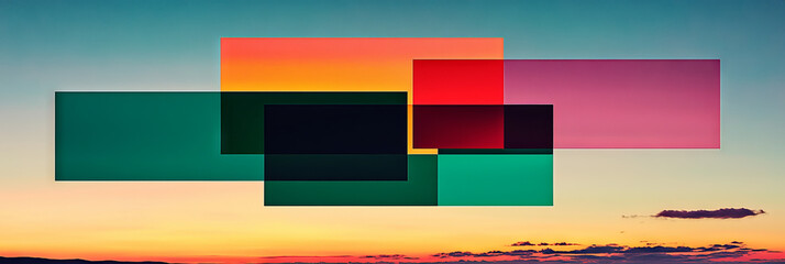 Colorful geometric shapes overlay a sunset sky.