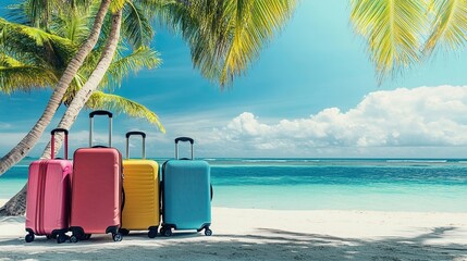 Scenic summer vacation view with tropical luggage and a picturesque seascape backdrop, ideal for travel and holiday inspiration, emphasizing relaxation and adventure.