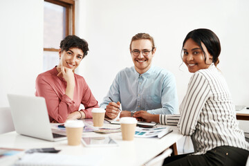 Poster - Creative, portrait or happy people in startup meeting for planning, project review or company feedback. About us, smile or confident designers in agency for online app, social network update or news